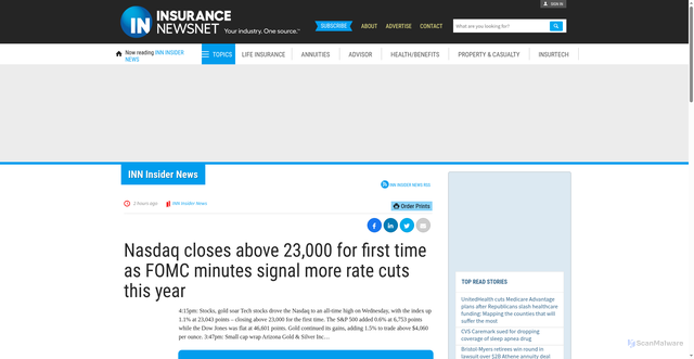 Security scan screenshot of https://insurancenewsnet.com/oarticle/nasdaq-closes-above-23000-for-first-time-as-fomc-minutes-signal-more-rate-cuts-this-year
