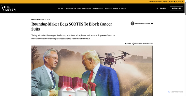 Security scan screenshot of https://www.levernews.com/roundup-maker-begs-scotus-to-block-cancer-suits/