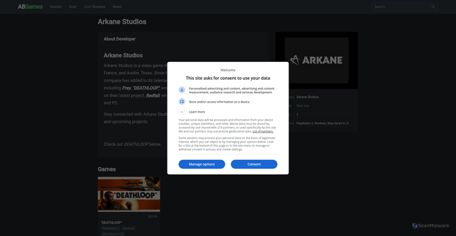 Security scan screenshot of https://abgames.io/developers/arkane-studios