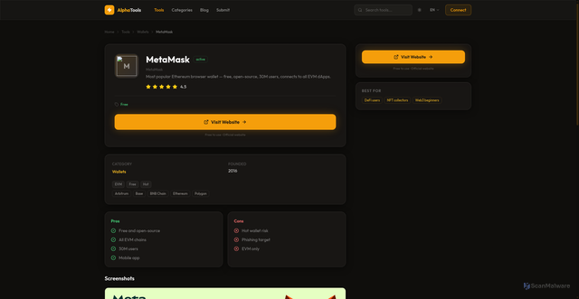 Security scan screenshot of https://alphatools-web.pages.dev/en/tool/metamask