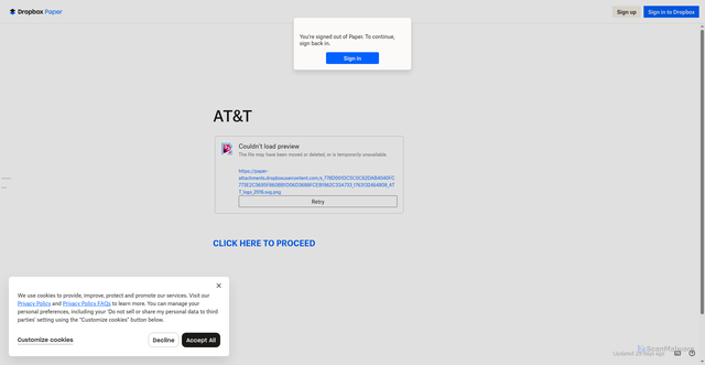 Security scan screenshot of https://www.dropbox.com/paper/doc/3zlUeOTBADV8nPsLjxJBZ?auth_token=cd.AFpqOEwsaXOzJgymlVQmrs_DYY2J_eKUI-sHkvjRwqIjbXN4H4DcJNLyXzQHaiy9EJoTO798239in2fTxGkbjPrwcSquHdE_pabeWUv4yDqzQYR1YaZn6awMqm7gdF5SsY-F2LYd9I34kYbwycCCyPM04Oov5EyMsAazgP96TQ2T9P-T8NJyLE4Ft1pRCCh2UBb6IklhxdkIq5KFDYZh4YJSqxlnKcvVEDVEwO2_-z7xPsYEl9s9fvhY9NEPXVRrDmDj9MZ0Ji5019C_in4VParU4lK2T87373tyhyibkNfkKCy8ty3eNWMrDw5C-ngs2AZy9WNIDTuleqXnp8rIzEqoynmb4VP0HTjnS6Hv22T89gy3aP10kXuP9ncFM1dh4--PBmkdaNJq9w_jbY2FYoDJIt3tH_ptVEz8XJnd_xX_Fpn7zvH_jJcVNiUbHqBZxk2yuZmMOVsstp3ZgCb9lFvw&doc_id=ytD-oN4JGnodCw1rvjdDF&redirect=https%3A%2F%2Fwww.dropbox.com%2Fscl%2Ffi%2Fr3p8iyvejbppg5qfyahxx%2FUntitled.paper%3Frlkey%3Dzh923h6p3do287ojr5l96xmv4%26st%3Dm1vl9gvk%26dl%3D0
