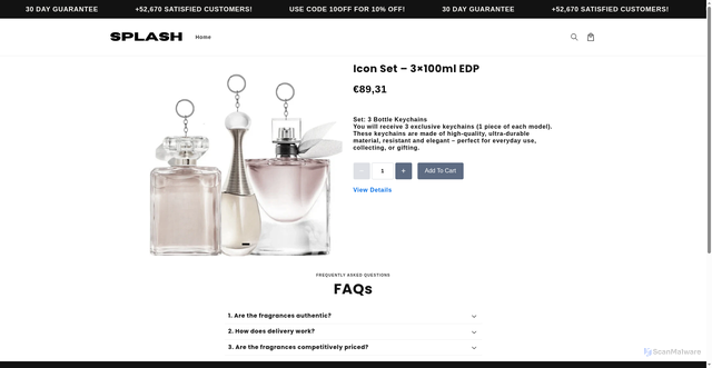 Security scan screenshot of https://splashoutlet.shop/products/icon-set-3-100ml-edp