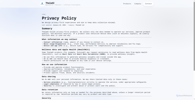 Security scan screenshot of https://thalaai.com/privacy/