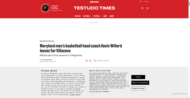 Security scan screenshot of https://www.testudotimes.com/2025/3/30/24395301/maryland-mens-basketball-head-coach-kevin-willard-leaves-for-villanova