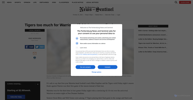 Security scan screenshot of https://www.newsandsentinel.com/sports/local-sports/2025/10/tigers-too-much-for-warriors-42-14-in-season-finale/