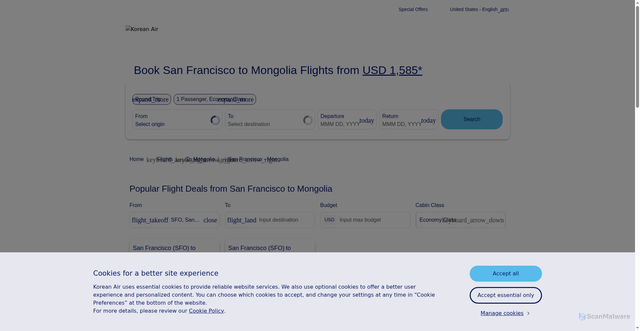 Security scan screenshot of https://www.koreanair.com/flights/en-us/flights-from-san-francisco-to-mongolia