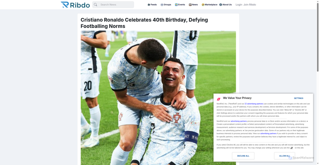 Security scan screenshot of https://ribdo.com/news/cristiano-ronaldo-celebrates-40th-birthday-defying-footballing-norms