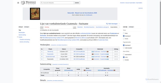 Security scan screenshot of https://nl.wikipedia.org/wiki/Lijst_van_voetbalinterlands_Guatemala_-_Suriname