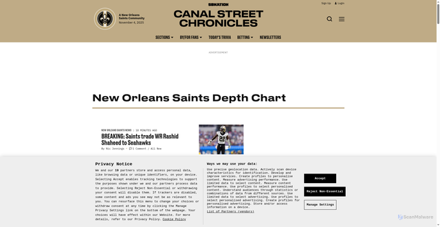 Security scan screenshot of https://www.canalstreetchronicles.com/new-orleans-saints-depth-chart