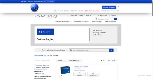 Security scan screenshot of https://avequipment.avsillc.com/avcat/ctl10432/index.cfm?manufacturer=daktronics