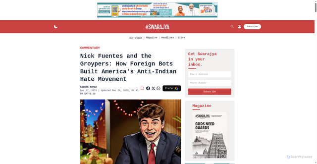 Security scan screenshot of https://swarajyamag.com/commentary/nick-fuentes-and-the-groypers-how-foreign-bots-built-americas-anti-indian-hate-movement