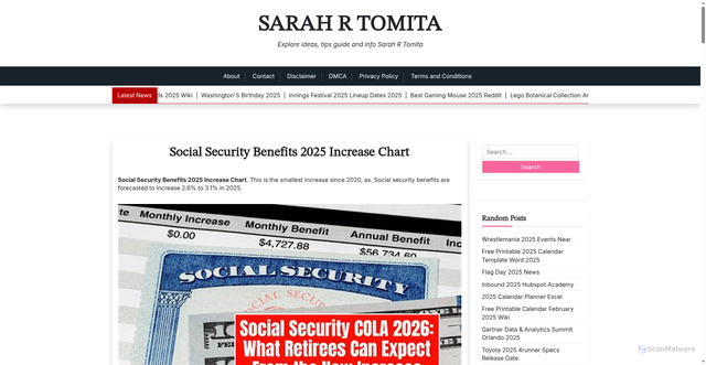 Security scan screenshot of https://sarahrtomitab.pages.dev/qruki-2025-social-security-benefits-2025-increase-chart-tyjsj/