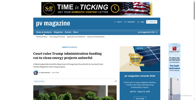 Security scan screenshot of https://pv-magazine-usa.com/2026/01/13/court-rules-trump-administration-funding-cut-to-clean-energy-projects-unlawful/