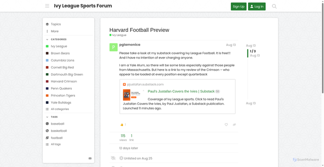 Security scan screenshot of https://ivyleague.chat/t/harvard-football-preview/1231