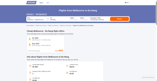 Security scan screenshot of https://www.jetcost.com.au/flights/melbourne-tullamarine/da-nang/MEL-DAD
