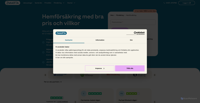 Security scan screenshot of https://www.zmarta.se/forsakring/hemforsakring?apcid=0069d221b04d3c860e36860a&utm_campaign=EarlyWeek_Zmarta_Insurance&utm_content=cta&utm_medium=email&utm_source=ortto&utm_term=cal-i1p-hem-c2