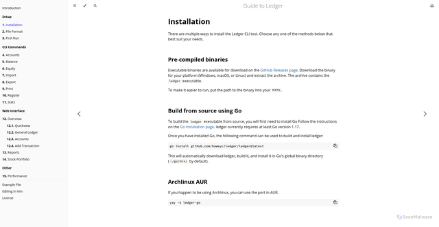 Security scan screenshot of https://howeyc.github.io/ledger/01_01_Installation.html