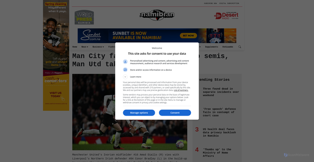 Security scan screenshot of https://www.namibian.com.na/man-city-face-chelsea-in-fa-cup-semis-man-utd-take-on-coventry/