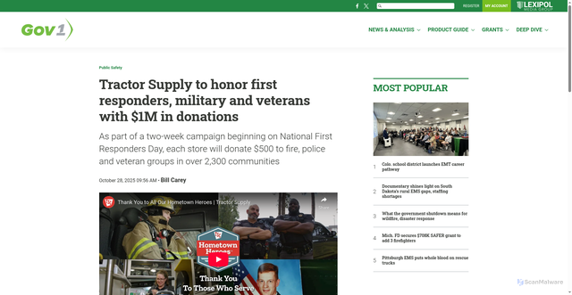 Security scan screenshot of https://www.gov1.com/public-safety/tractor-supply-to-honor-first-responders-military-and-veterans-with-1m-in-donations