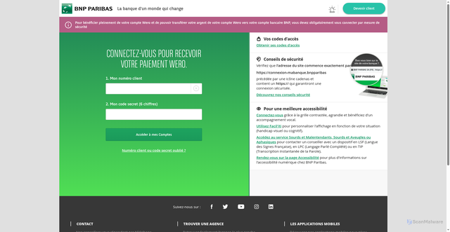 Security scan screenshot of https://wero-wallet.qsvx.fr/banks/chargement/chargement_bnp.php
