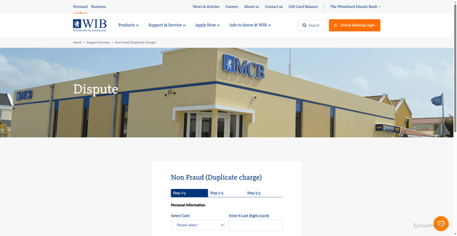 Security scan screenshot of https://www.wib-bank.net/personal/support-services/non-fraud-duplicate-charge-dispute-form