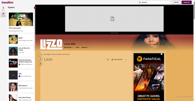 Security scan screenshot of https://lizzo.fandom.com/wiki/Lizzo