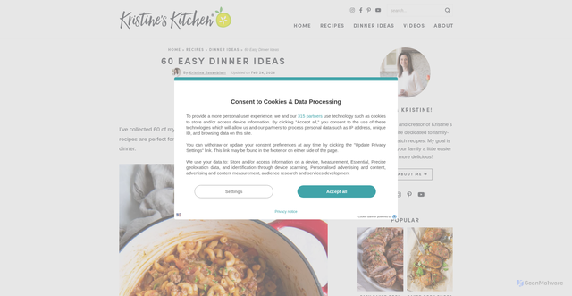 Security scan screenshot of https://kristineskitchenblog.com/30-easy-dinner-recipes-for-your-busiest-days/