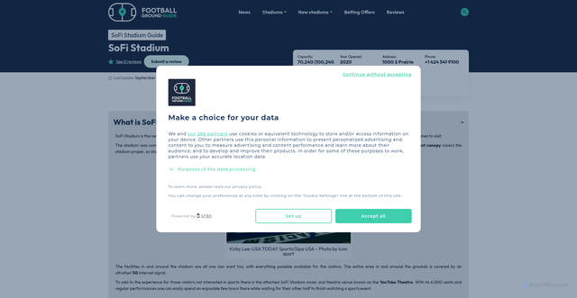 Security scan screenshot of https://footballgroundguide.com/leagues/americas/usa/sofi-stadium-guide.html