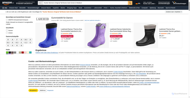 Security scan screenshot of https://www.amazon.de/s/?ie=UTF8&url=search-alias=aps&field-keywords=Hunter+Womens+Original+Tall+Boots+Dark+Green,5+Medium&linkCode=gg3&linkId=90de6f4b580fec19c9fe2a25eca62850&tag=saidhalimi00-20