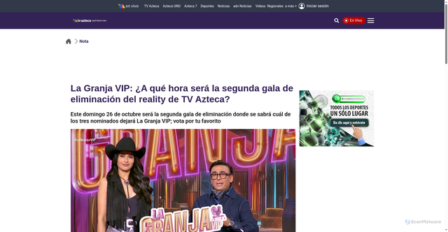 Security scan screenshot of https://www.aztecaquintanaroo.com/la-granja-vip-a-que-hora-sera-la-segunda-gala-eliminacion-del-reality-tv-azteca