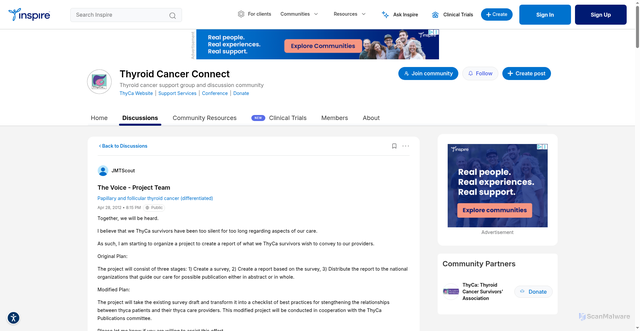 Security scan screenshot of https://www.inspire.com/groups/thyca-thyroid-cancer-survivors-association/discussion/the-voice-project-team/