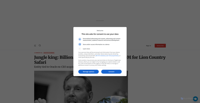 Security scan screenshot of https://therealdeal.com/miami/2025/11/24/larry-ellison-pays-30m-for-lion-country-safari/