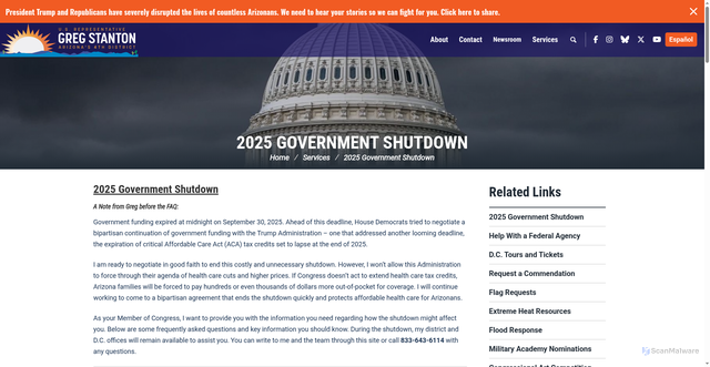 Security scan screenshot of https://stanton.house.gov/2025-shutdown