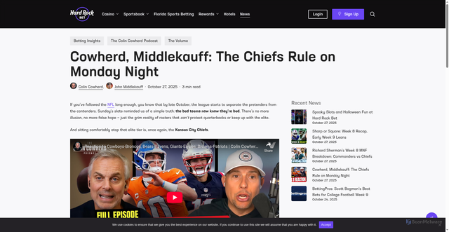 Security scan screenshot of https://www.hardrock.bet/news/cowherd-middlekauff-the-chiefs-rule-on-monday-night/