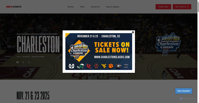 Security scan screenshot of https://espnevents.com/charleston-classic/