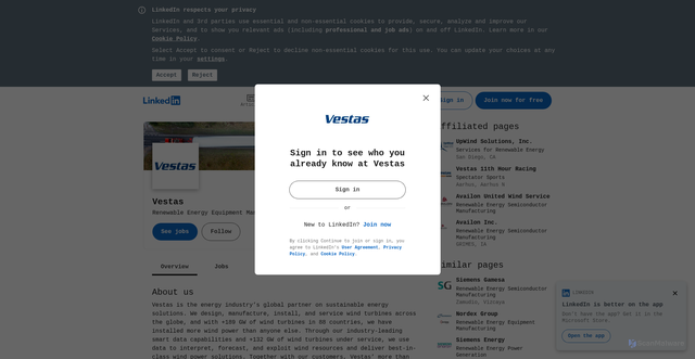 Security scan screenshot of https://sk.linkedin.com/company/vestas