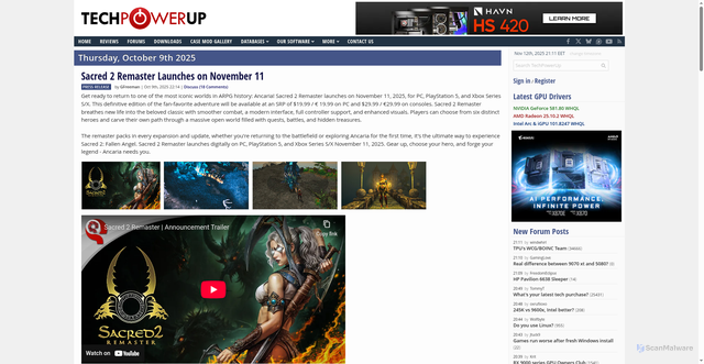 Security scan screenshot of https://www.techpowerup.com/341753/sacred-2-remaster-launches-on-november-11