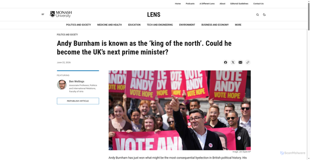 Security scan screenshot of https://lens.monash.edu/andy-burnham-is-known-as-the-king-of-the-north-could-he-become-the-uks-next-prime-minister/
