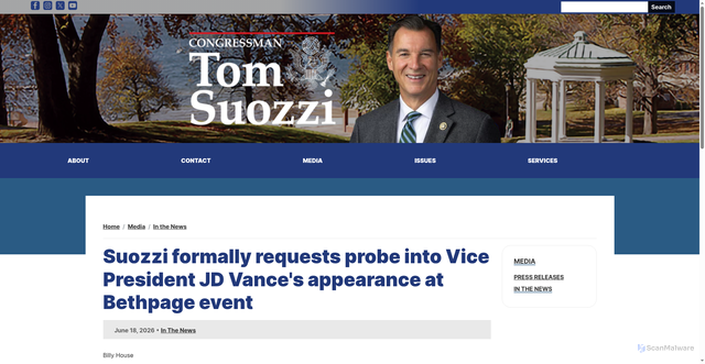 Security scan screenshot of https://suozzi.house.gov/media/in-the-news/suozzi-formally-requests-probe-vice-president-jd-vances-appearance-bethpage-event