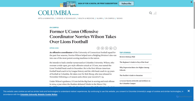 Security scan screenshot of https://magazine.columbia.edu/article/former-uconn-offensive-coordinator-norries-wilson-takes-over-lions-football