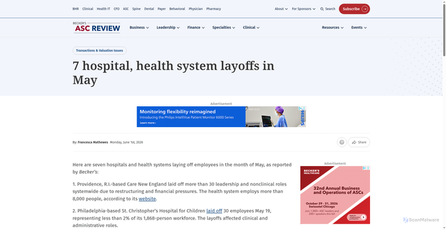 Security scan screenshot of https://www.beckersasc.com/hospital-transactions-and-valuation/7-hospital-health-system-layoffs-in-may/