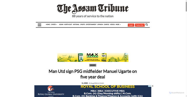 Security scan screenshot of https://assamtribune.com/sports/man-utd-sign-psg-midfielder-manuel-ugarte-on-five-year-deal-1549805