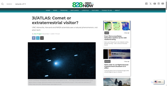Security scan screenshot of https://828newsnow.com/news/228822-3i-atlas-comet-or-extraterrestrial-visitor/
