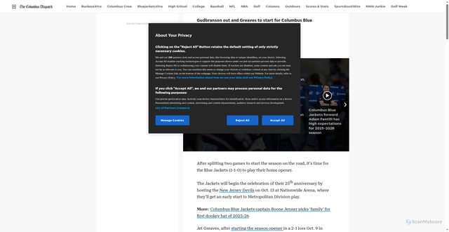 Security scan screenshot of https://www.dispatch.com/story/sports/nhl/columbus-blue-jackets/2025/10/13/jet-greaves-to-start-for-columbus-blue-jackets-vs-new-jersey-devils/86674152007/