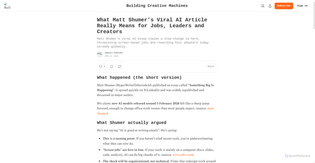 Security scan screenshot of https://buildingcreativemachines.substack.com/p/what-matt-shumers-viral-ai-article