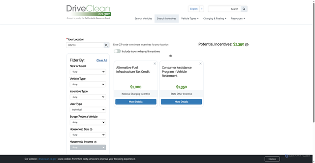 Security scan screenshot of https://driveclean.ca.gov/search-incentives
