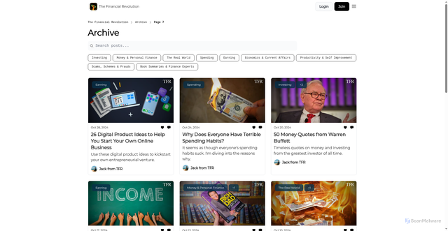 Security scan screenshot of https://thefinancialrevolution.co/archive?page=7