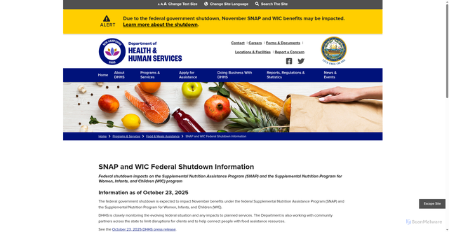 Security scan screenshot of https://www.dhhs.nh.gov/programs-services/food-meals-assistance/snap-and-wic-federal-shutdown-information