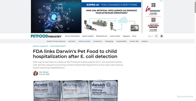 Security scan screenshot of https://www.petfoodindustry.com/safety-quality/pet-food-safety/news/15751886/fda-links-darwins-pet-food-to-child-hospitalization-after-e-coli-detection