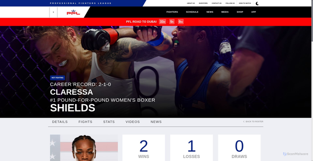 Security scan screenshot of https://pflmma.com/fighter/claressa-shields